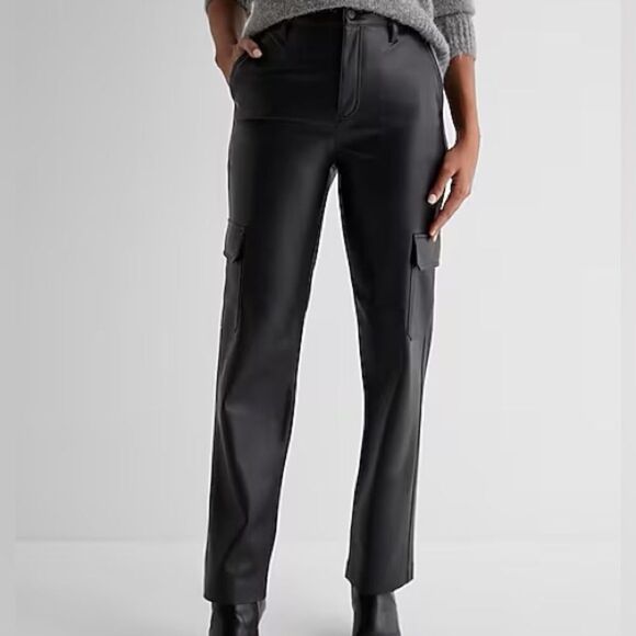 Express Modern Straight Super High Rise Vegan Leather Cargo Pants in Pitch Black - Picture 1 of 9